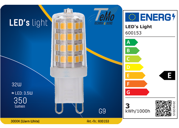 1 STÜCK (VPE) SHADA LED Stiftsockellampe G9, 350lm, 3 Watt, Warmweiss 3000K, klar, EEC: E (600153)